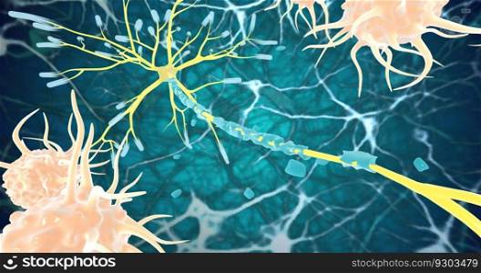 Remyelination is the phenomenon by which new myelin sheaths are generated around axons in the adult central nervous system 3D rendering. Remyelination is the phenomenon by which new myelin sheaths are generated around axons in the adult central nervous system