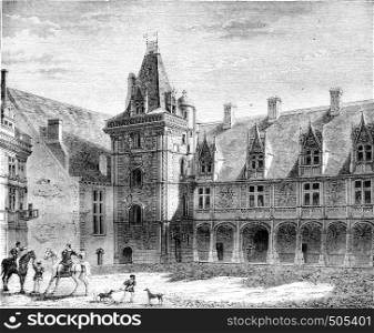 Renaissance, Chateau de Blois, Partly built under Louis XII, vintage engraved illustration. Magasin Pittoresque 1842.