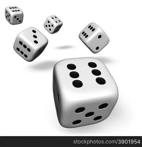 Render 3d of five rolling white dice with one showing number six illustration isolated on white background.