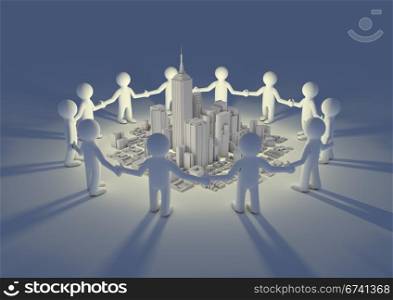 render of a circle of people holding hands with a city in the middle