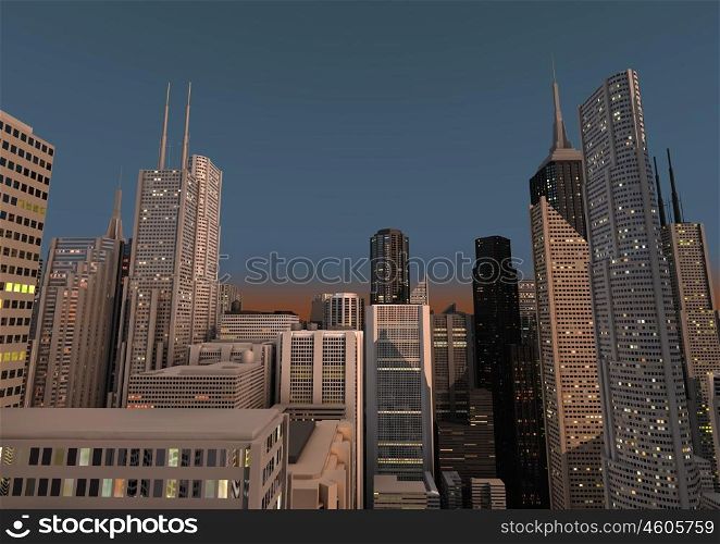 render of a city at dusk