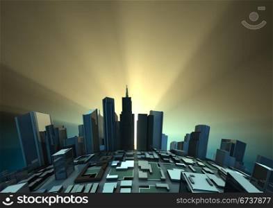 render of a city in an abstract sunrise