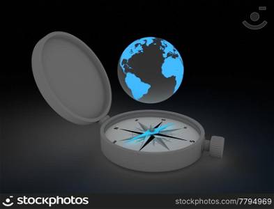 render of a compass with a floating globe