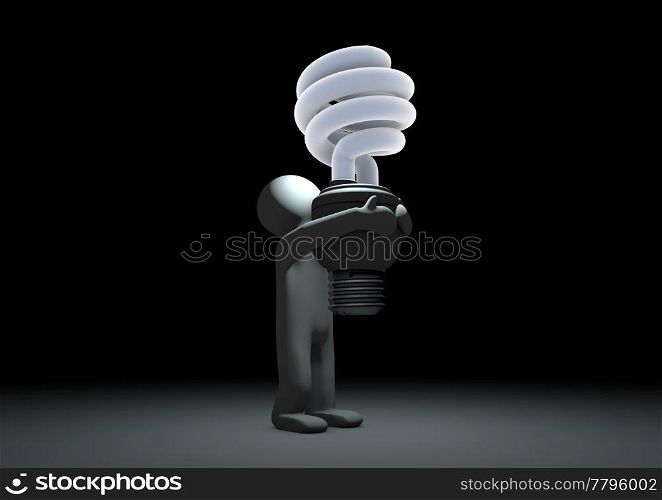 render of a figure holding an eco-friendly light bulb