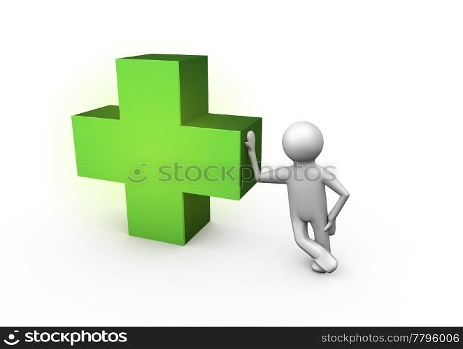 render of a figure leaning against a medical cross