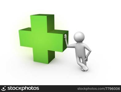 render of a figure leaning against a medical cross