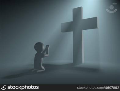 render of a figure praying in volumetric light