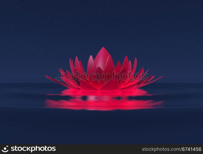 render of a futuristic metallic red flower floating on water