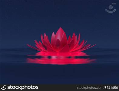 render of a futuristic metallic red flower floating on water