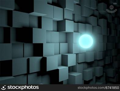render of a glowing orb in front of a wall made of cubes