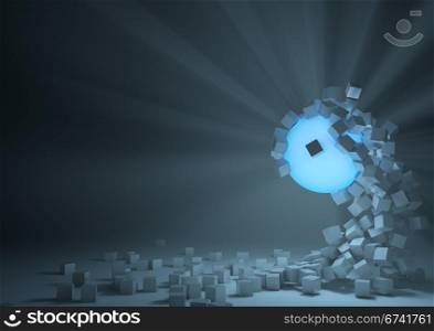 render of a glowing sphere attracting cubes