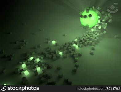 render of a glowing sphere attracting cubes