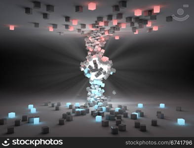 render of a glowing sphere attracting cubes