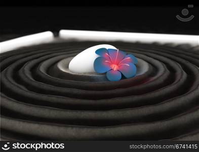 render of a glowing stone and flower in a zen garden