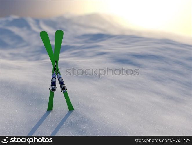 render of a pair of skis in a snowy landscape