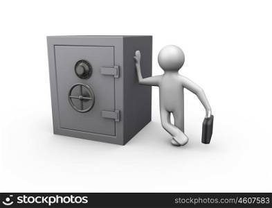 render of a person leaning against a safe