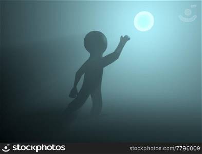 render of a person reaching for a glowing orb