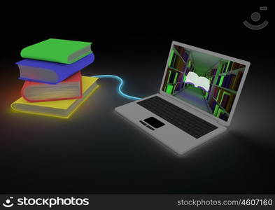 render of a stack of books connected to a laptop