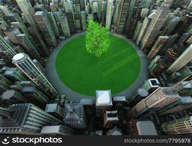 render of a tree in the middle of a city