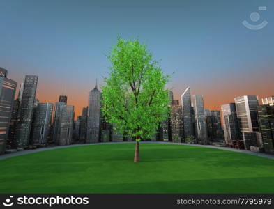 render of a tree in the middle of a city