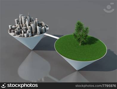 render of an abstract concept about the balance between nature and urbanization