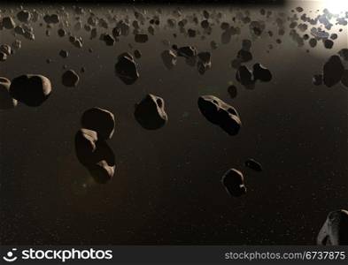render of an asteroid field