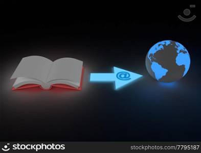 render of an open book and an arrow to the planet