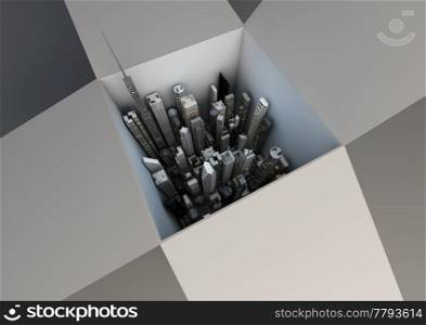 render of an open box with a city inside