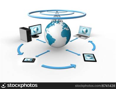 render of several devices connected to the world
