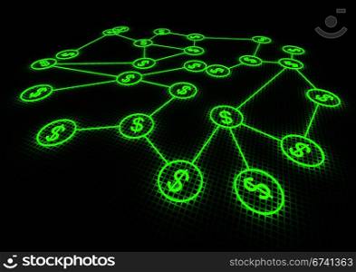 Render of several dollar symbols connected to each other through a network