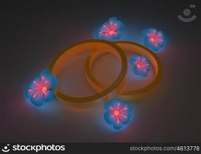 render of some vibrant blue flowers and wedding rings