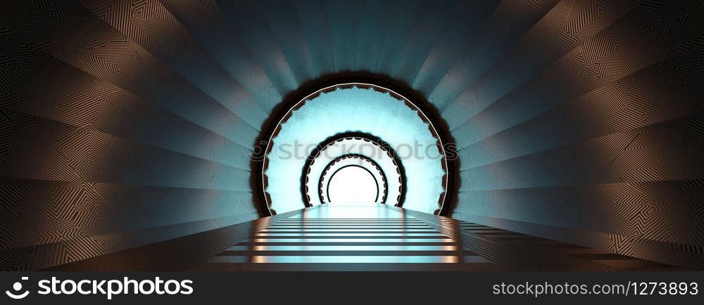 Rendering 3d Illuminated corridor abstract Future Space tunnel.
