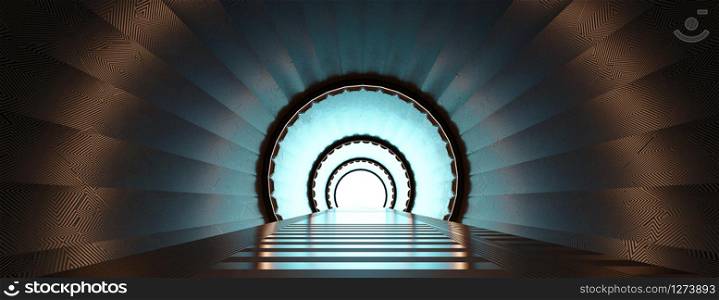 Rendering 3d Illuminated corridor abstract Future Space tunnel.