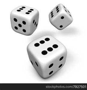 Rendering 3d of three rolling white dice showing number six illustration isolated on white background.