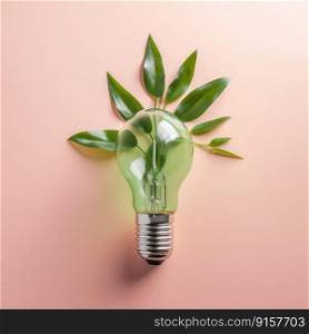 Renewable Energy and Sustainable Living concept depicted by a top view of an Eco-friendly lightbulb made of fresh leaves against a pastel colored backdrop by generative AI
