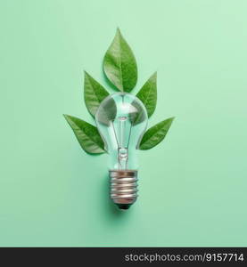 Renewable Energy and Sustainable Living concept depicted by a top view of an Eco-friendly lightbulb made of fresh leaves against a pastel colored backdrop by generative AI