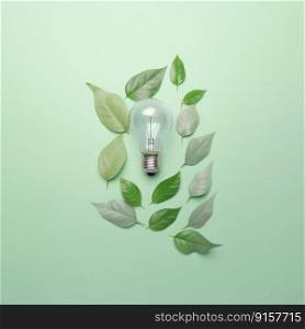 Renewable Energy and Sustainable Living concept depicted by a top view of an Eco-friendly lightbulb made of fresh leaves against a pastel colored backdrop by generative AI
