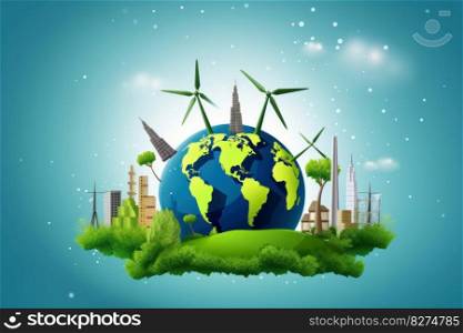 Renewable energy generation with wind turbines on green landscape. Sustainable production of clean power and eco-friendly technology. Generative AI. 