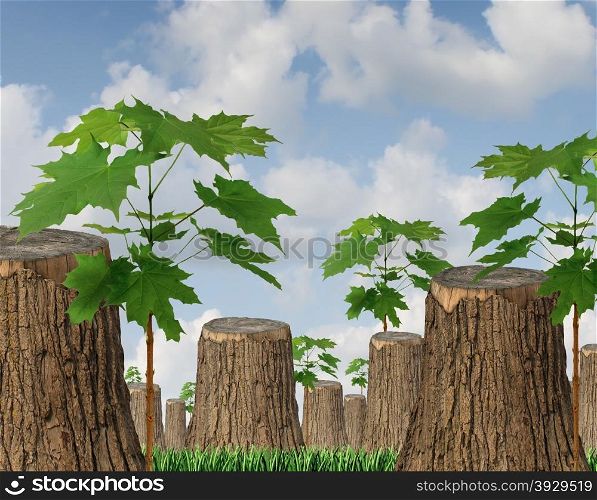 Renewable resources as a concept for sustainable forest management with a group of cut down old trees and new green saplings growing between the wooden stumps as a symbol of hope for the future of the environment and conservation.
