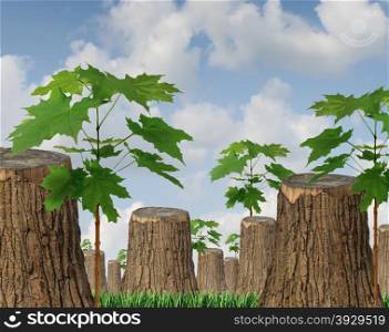 Renewable resources as a concept for sustainable forest management with a group of cut down old trees and new green saplings growing between the wooden stumps as a symbol of hope for the future of the environment and conservation.