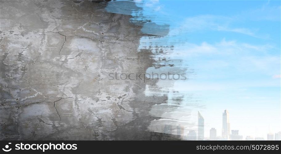 Renovation concept. Background conceptual image with cement wall painted like sky