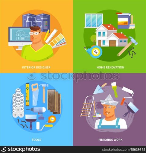 Renovation design concept set with interior designer and work tools flat icons isolated vector illustration. Renovation Flat Set