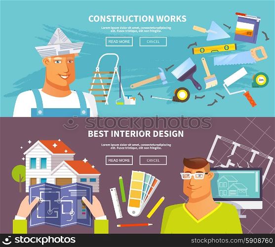 Renovation horizontal banner set with interior design and construction works elements isolated vector illustration. Renovation Banner Set