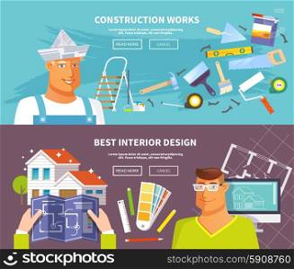Renovation horizontal banner set with interior design and construction works elements isolated vector illustration. Renovation Banner Set