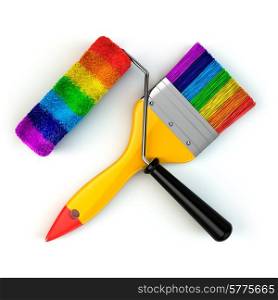 Renovation tools concept. Paint brush and roller in rainbow colors isolated on white. 3d