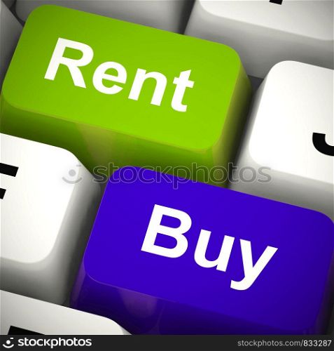 Rent or buy keys shows purchase of a property or lease. Being a homeowner or just renting - 3d illustration. Rent And Buy Keys Showing House And Home