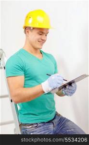 repair, building and home concept - smiling man in protective helmet with clipboard