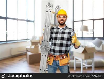 repair, construction and building concept - happy smiling male worker or builder in helmet and gloves with ladder over home room background. happy male builder in helmet with ladder at home