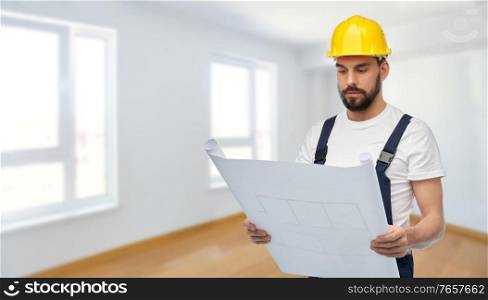 repair, construction and building concept - male worker or builder in helmet with blueprint over empty room at new home on background. male worker or builder in helmet with blueprint