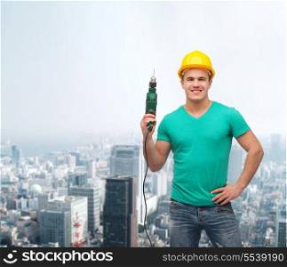 repair, construction and maintenance concept - smiling male manual worker in protective helmet with drill machine